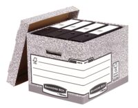 fellowes-bankers-box-contenedor-archivos Contenedor de archivos Fellowes Bankers Box con montaje automático Fastfold, fabricado en cartón reciclado FSC, ideal para archivo profesional.