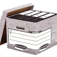 fellowes-bankers-box-contenedor-archivos Contenedor de archivos Fellowes Bankers Box con montaje automático Fastfold, fabricado en cartón reciclado FSC, ideal para archivo profesional.