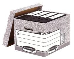 Fellowes Bankers Box Contenedor de Archivos - Montaje Automatico Fastfold - Carton Reciclado Certificacion FSC - Color Gris