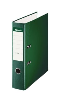 Archivador de palanca marca Esselte en color verde, formato A4 con lomo de 75mm y capacidad para 500 hojas, ideal para organización de oficina.