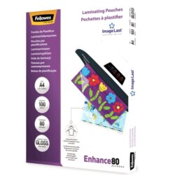 5306114_1 Pack de 100 fundas para plastificar Fellowes Apex A4 de 80 micras transparentes con acabado brillo