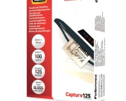 Pack de 100 fundas para plastificar de la marca Fellowes con acabado brillo y espesor de 125 micras para tarjetas