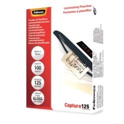 fundas-plastificar-brillo-fellowes-60x90mm-125-micras Pack de 100 fundas para plastificar de la marca Fellowes con acabado brillo y espesor de 125 micras para tarjetas
