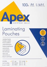 Pack de 100 fundas para plastificar Fellowes Apex A4 de 75 micras resistentes al agua con acabado brillo