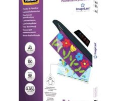 Pack de 100 fundas para plastificar Fellowes Apex A3 de 80 micras transparentes con acabado brillo