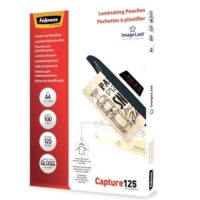 undas-plastificar-fellowes-apex-a4-125-micras Pack de 100 fundas para plastificar Fellowes Apex A4 de 125 micras transparentes con acabado brillo