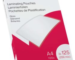 Caja de 100 láminas de plastificar Ibico A4 de 125 micras con acabado transparente de alto brillo
