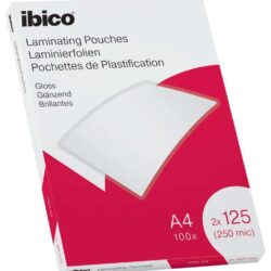 Caja de 100 láminas de plastificar Ibico A4 de 125 micras con acabado transparente de alto brillo