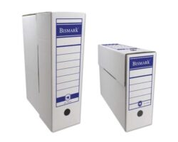 Caja de archivo definitivo Bismark tamaño folio en cartón corrugado blanco con sistema de doble ollado para oficina