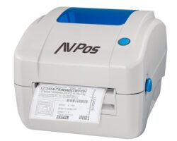 Impresora térmica de etiquetas industrial AVPos E49 en color gris con resolución de 300 DPI y puertos USB y LAN