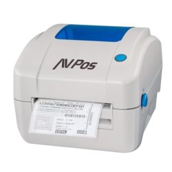 Impresora térmica de etiquetas industrial AVPos E49 en color gris con resolución de 300 DPI y puertos USB y LAN
