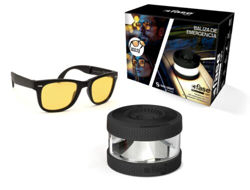 Fase Light Baliza de Señalizacion de Emergencia V16 Conectada con DGT + Gafas Conduccion Nocturna - Proteccion IP54 - Datos hasta Junio 2038 - Color Negro