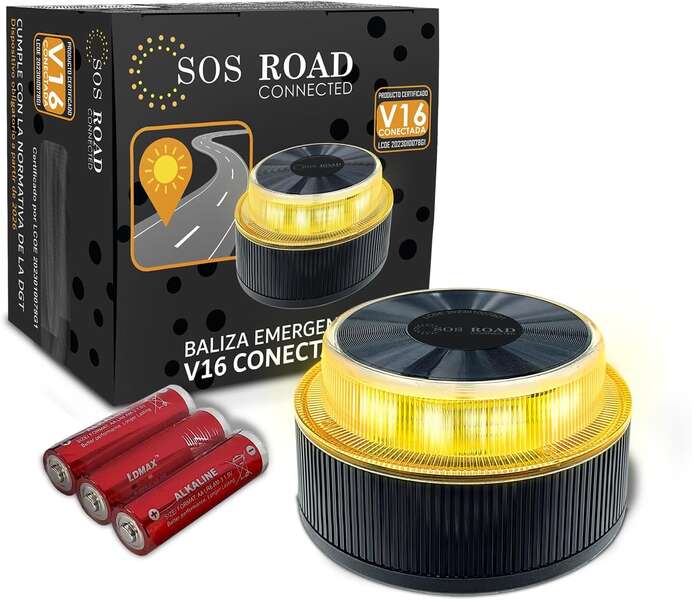 SOS Road Baliza de señalizacion de emergencia en carretera V16, homologada por la DGT, con GPS y SIM integrada, conectividad DGT 3.0, visibilidad 1 km, base magnetica, proteccion IP54