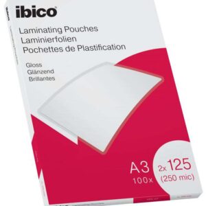 Ibico Caja de 100 Laminas de Plastificar Gloss A3 125 Micras - Acabado Cristalino de Alto Brillo - Transparente