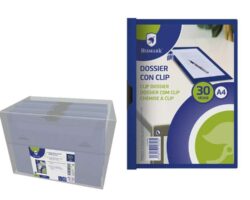 Dossier Bismark color azul para 30 hojas A4 con clip metálico lateral, fabricado en polipropileno transparente de alta resistencia.