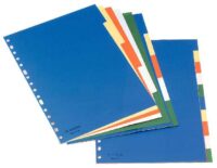 Juego de 5 separadores de plástico A4 marca Esselte con cartulina índice blanco/negro y multitaladro, organizados por colores para archivos de oficina.