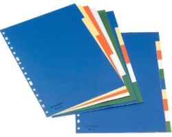 Juego de 5 separadores de plástico A4 marca Esselte con cartulina índice blanco/negro y multitaladro, organizados por colores para archivos de oficina.
